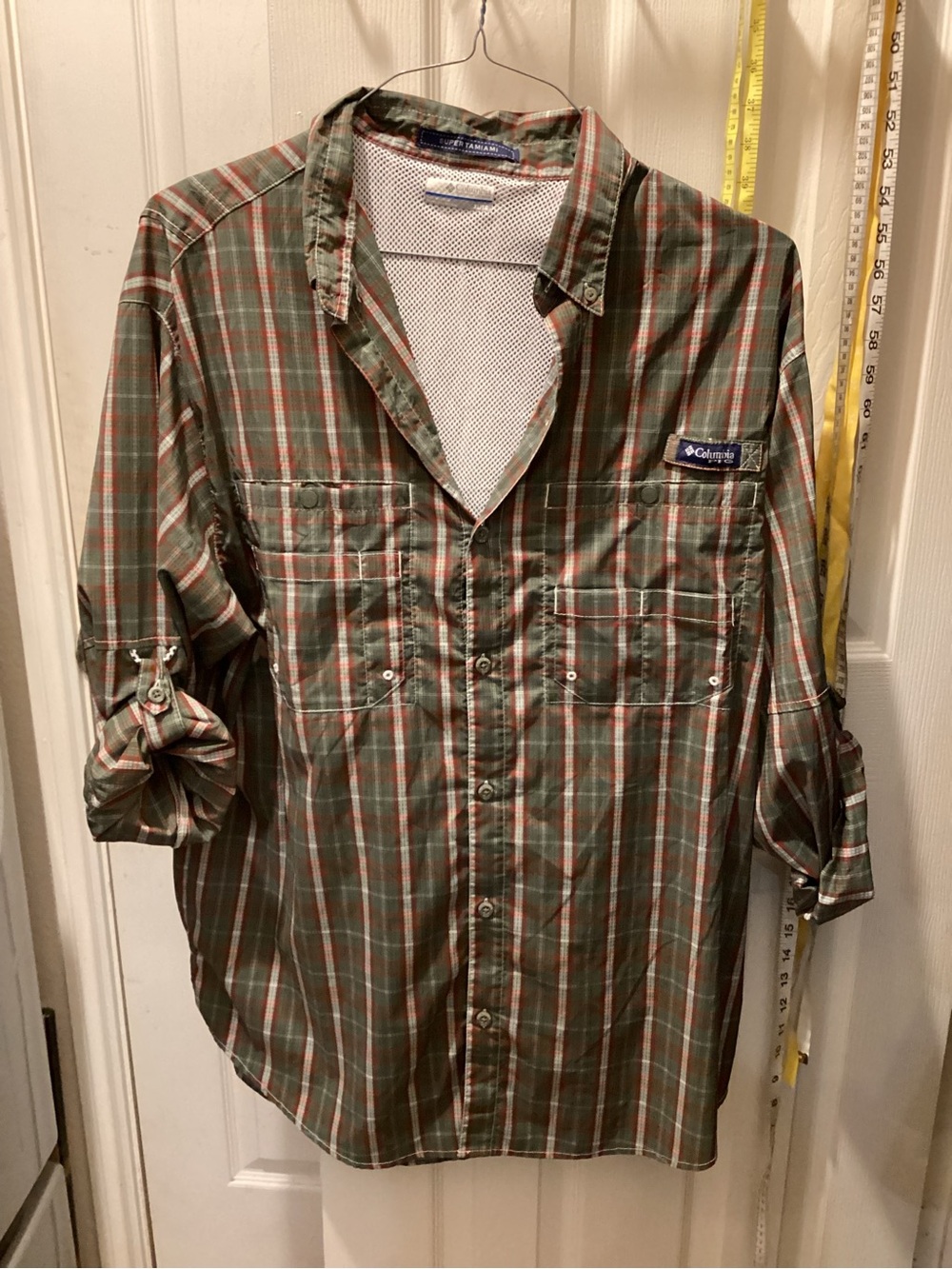 Columbia PFG Men’s Olive Green Plaid Button-Down Shirt with Red Stripes XL